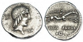 CALPURNIA. Denario. Roma (90-89 a.C.). A/ Cabeza laureada de Apolo a der., detrás, número y delante, símbolo. R/ L. PISO FRVGI y dos letras. FFC-291. ...