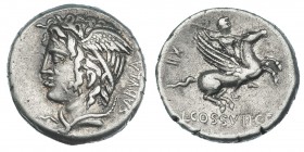 COSSUTIA. Denario. RomA (74 a.C.). A/ Cabeza alada de Medusa a izq., detrás: SABVLA. R/ Ballerophon montado en Pegaso a der., número a izq.; debajo: L...