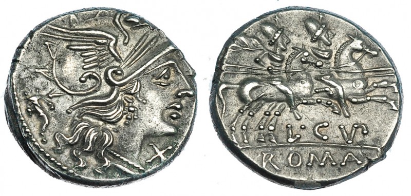 CUPIENNIA. Denario. Roma (147 a.C.). R/ Los Dióscuros a caballo a der., debajo: ...