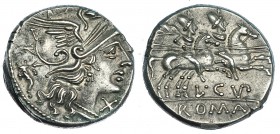 CUPIENNIA. Denario. Roma (147 a.C.). R/ Los Dióscuros a caballo a der., debajo: L. CVP. y en el exergo: ROMA. FFC-665. SB-1. EBC.
