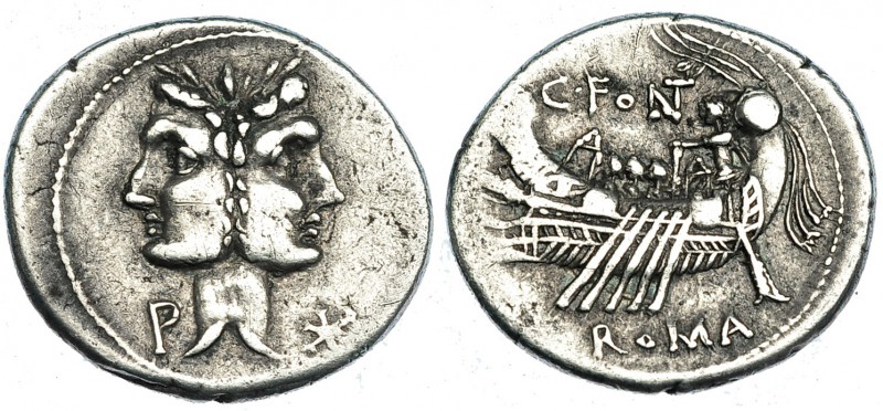 FONTEIA. Denario. Sur de Italia (114-113 a.C.). R/ Galera a izq., encima: C. FON...