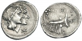 FONTEIA. Denario. Sur de Italia (114-113 a.C.). A/ Cabeza de los Dióscuros a der. y marca de valor: *. R/ Galera a der. con timonel, debajo, letra, en...