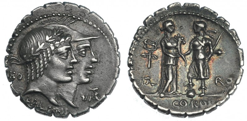 FUFIA. Denario. Ceca incierta de Italia (70 a.C.). A/ Cabezas de Honus y Virtus ...