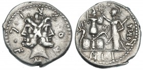 FURIA. Denario. Italia Central (119 a.C.). A/ Cabeza de Jano bifronte, alrededor: M. FOVRI.K.F. FFC-730. SB-18. MBC.