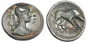 HOSIDIA. Denario. Ceca incierta de Italia (68 a.C.). A/ Busto diademado de Diana a der., alrededor: GETA III VIR. R/ Jabalí a der., atravesado por una...