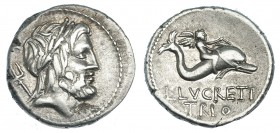 LUCRETIA. Denario. Roma (76 a.C.). R/ Cupido cabalgando a un delfín a der., debajo: L. LVCREI/TRIO. FFC-824. SB-3. MBC+.