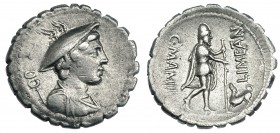 MAMILIA. Denario. Roma (82 a.C.). R/ Ulises con cetro a der. y perro (Argos), alrededor: C.MAMIL. LIMETAN. FFC-835. SB-6. Pequeñas marcas. MBC.