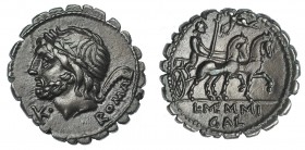 MEMMIA. Denario. Roma (106 a.C.). A/ Letra: K. R/ Venus en biga coronada por la Victoria: L. MEMMI/GAL. FFC-907. SB-2. Pátina gris. EBC-.