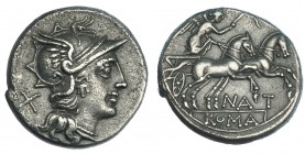 PINARIA. Denario. Roma (155 a.C.). R/ La Victoria con látigo en biga a der., debajo: NAT, en el exergo: ROMA, en tablilla. FFC-964. SB-2. MBC+.