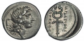 PLAETORIA. Denario Roma (69 a.C.). A/ Cabeza de Bunus Eventus a der., detrás símbolo. R/ Caduceo alado. ffc-972. sb-5. Pátina gris. Desplazamiento en ...