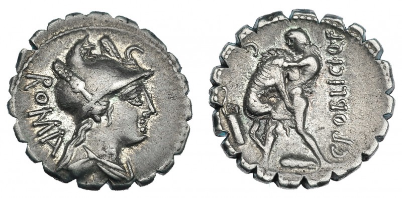 POBLICIA. Denario. Roma (80 a.C.). R/ Hércules a izq. con maza, arco, carcaj y l...