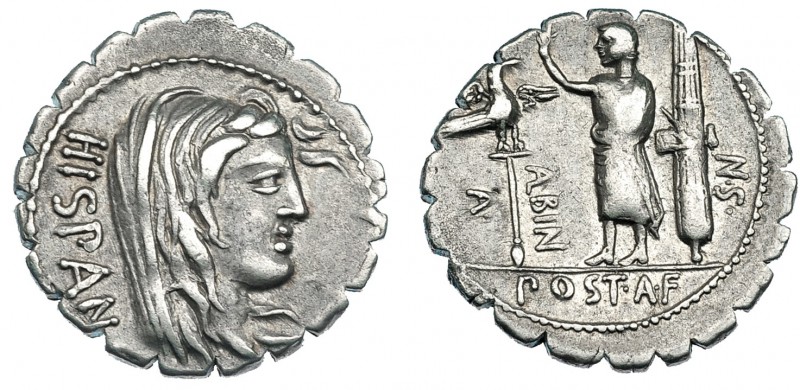 POSTUMIA. Denario. Roma (81 a.C.). A/ Cabeza velada de Hispania a der., detrás: ...