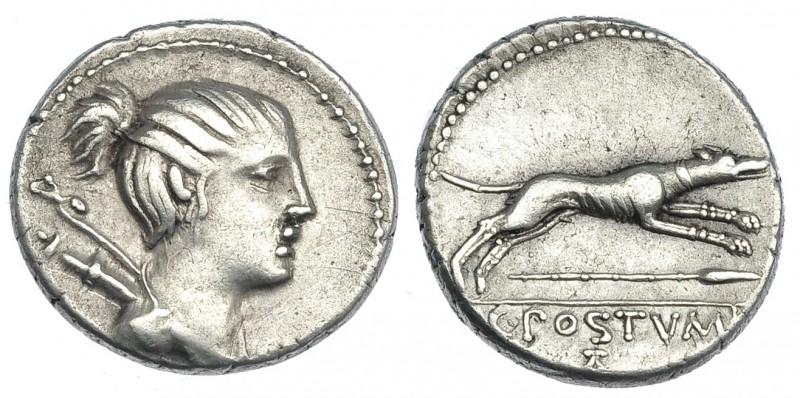 POSTUMIA. Denario. Roma (74 a.C.). R/ Perro a der., debajo lanza; en el exergo C...