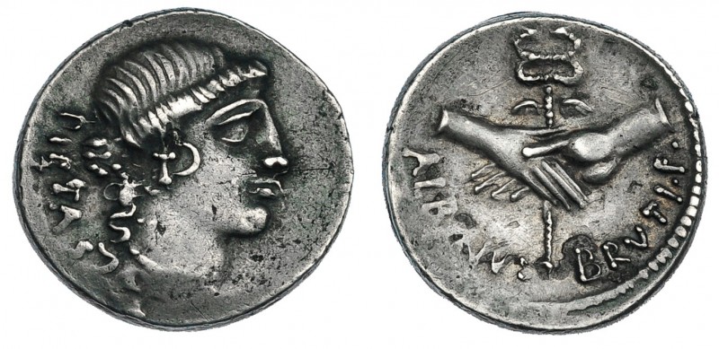 POSTUMIA. Denario. Roma (48 a.C.). R/ Manos enlazadas y caduceo alado; ALBINVS B...