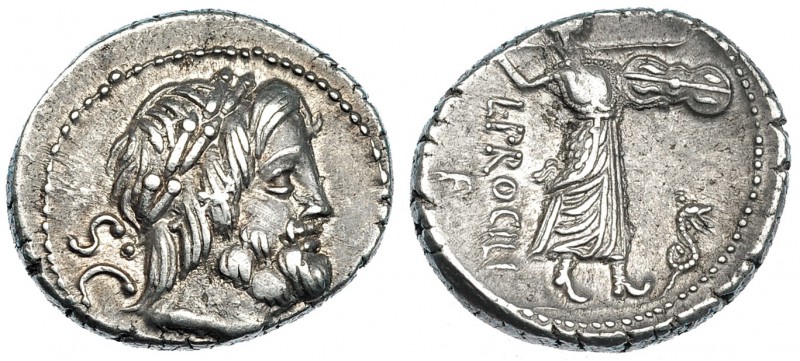 PROCILIA. Denario. Roma (80 a.C.). R/ Juno Sospita con escudo y lanza, delante: ...