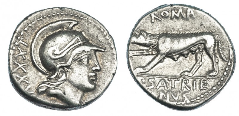 SATRIENA.Denario. Roma (77 a.C.). A/ Cabeza de Marte a der., detrás minero. R/ L...
