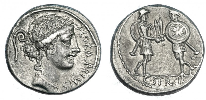 SERVILIA. Denario. Roma (57 a.C.). A/ Cabeza laureada de Flora a der., detrás, l...