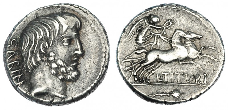 TITURIA. Denario. Roma (89 a.C.). R/ La Victoria en biga a der.; L. TITVRI, símb...