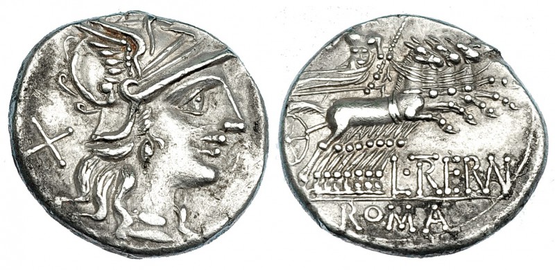 TREBANIA. Denario. Ceca incierta (135 a.C.). R/ Júpiter en cuádriga a der., deba...