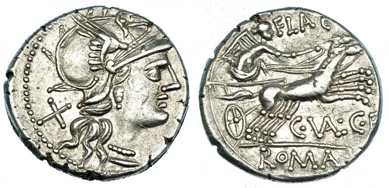 VALERIA. Denario. Roma (140 a.C.). R/ La Victoria en biga, encima: FLAC, debajo:...