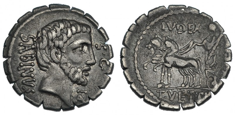 VETTIA. Denario. Ceca incierta (70 a.C.). A/ Cabeza de Tatius a der.; alrededor:...