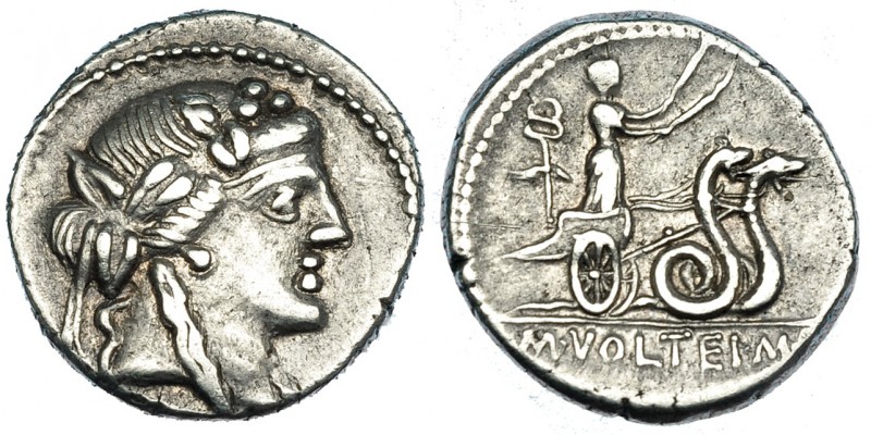 VOLTEIA. Denario. Roma (78 a.C.). A/ Cabeza de Baco a der. R/ La Cibeles en biga...