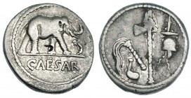 JULIO CÉSAR. Denario. Galia (54-51 a.C.). A/ Elefante ante a der., delante, serpiente; CAESAR. R/ Instrumentos de sacrificio. FFC-50. SB-49. Contramar...