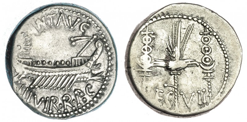 MARCO ANTONIO. Denario. Ceca volante (32-31 a.C.). A/ Galera pretoriana a der. R...