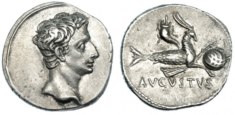 AUGUSTO. Denario. Colonia Patricia ( 18-16 a.C.). A/ Cabeza desnuda de Augusto a...