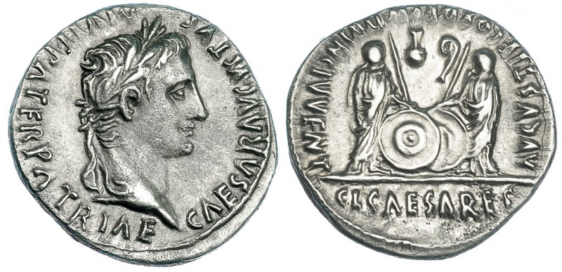 AUGUSTO. Denario. Lugdunum (7-6 a.C.). A/ Busto laureado a der. R/ Los césares C...