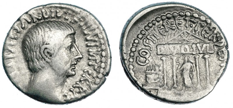 AUGUSTO. Denario. Ceca volante (36 a.C.). A/ Cabeza descubierta y barbada a der....