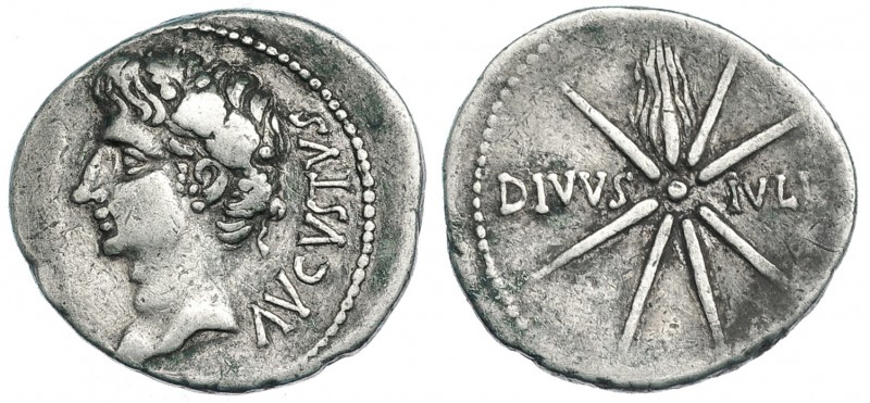 AUGUSTO. Denario. Caesar Augusta (19-18 a.C.). A/ Cabeza laureada de Augusto a i...