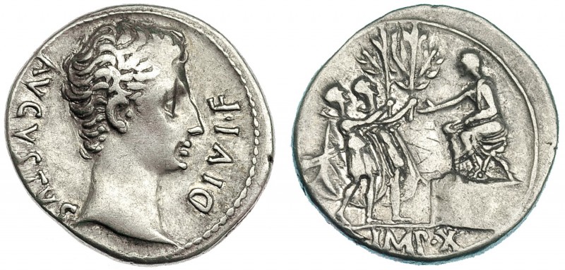 AUGUSTO. Denario. Lugdunum (15-13 a.C.). A/ Cabeza descubierta a der. R/ Dos sol...