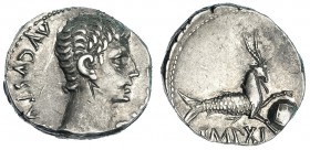 AUGUSTO. Denario. Lugdunum (15-13 a.C.). A/ Cabeza descubierta de Augusto a der. R/ Capricornio a der. sosteniendo globo; IMP XI. FFC-118. RIC-174. Co...