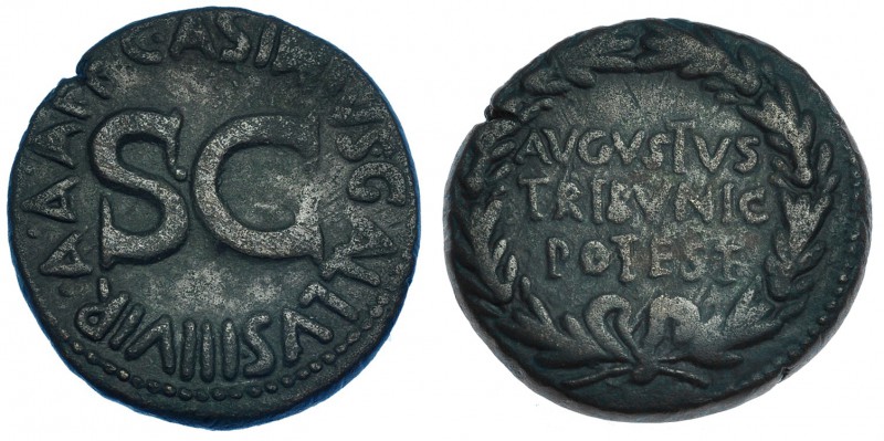 AUGUSTO. Dupondio. Roma (16 a.C.). A/ Dentro de corona de laurel: AVGVST. TRIBVN...