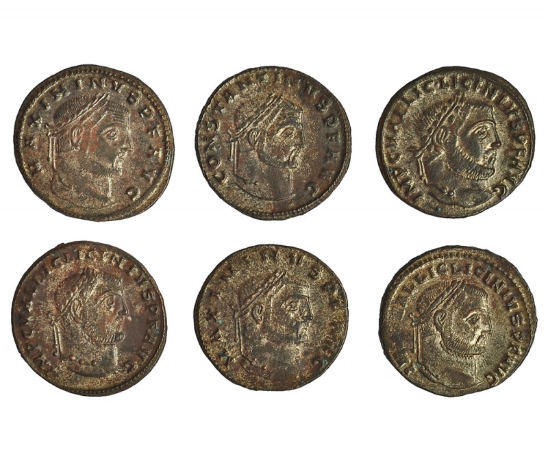 6 follis de módulo grande: Maximino II (2), Licinio I (3) y Constantino I. R.P.O...