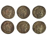 6 follis de módulo grande: Maximino II (2), Licinio I (3) y Constantino I. R.P.O. Calidad media EBC-.
