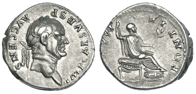 VESPASIANO. Denario. Roma (73). A/ Busto laureado a der. con cetro y rama; PONTI...