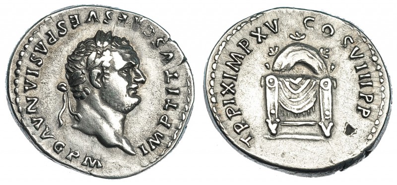 TITO. Denario. Roma (80). A/ Busto laureado a der. R/ Trono; TR. P. IX IMP. XV C...