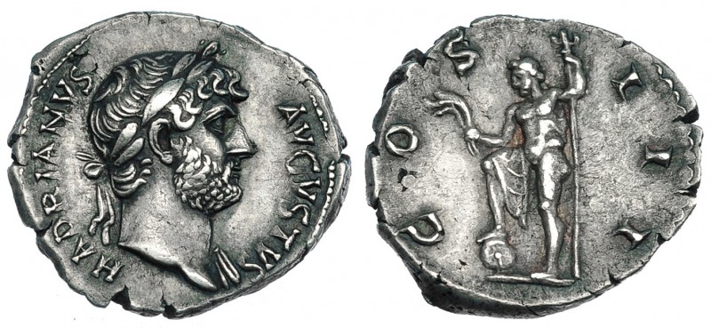 ADRIANO. Denario. Roma (125-128). R/ Neptuno con pie sobre globo, sosteniendo ce...