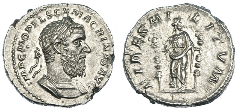 MACRINO. Denario. Roma (217-218). A/ Busto con coraza a der. R/ La Fidelidad de ...