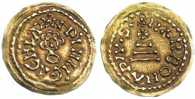 ACHILA. Tremissis. Narbona. CNV-636 vte. No más de 3 ejemplares conocidos. MBC+. Rarísima. La última moneda del reino visigodo de Toledo. Achila fue u...