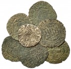 7 vellones: dinero, Alfonso X, Burgos; 6 blancas, Enrique III, varias cecas. Calidad media MBC-.