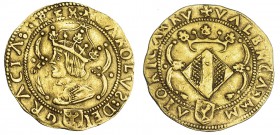 Doble ducado. Valencia. A/ +CAROLUS: DEI-escudete-GRACIA:•REX•. R/ +VALENCIA x MM- escudete-AIO-RICAx RV. AU 6,92 g. CA-no. Tauler-558. MBC. Muy rara....