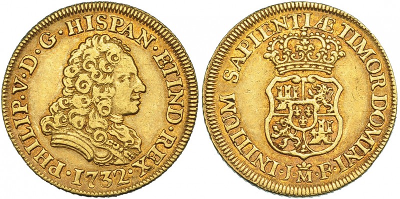 2 escudos. 1732. Madrid. JF. VI-1443. MBC/MBC+. Escasa.