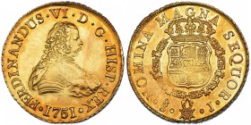 8 escudos. 1751. Santiago. J. VI-632. Leve vano en el escudo. Ligera pátina rojiza. R.B.O. EBC.