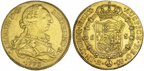 8 escudos. 1773. Sevilla. CF. VI-1775. Estuvo engarzada. MBC. Muy escasa.