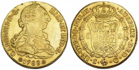 8 escudos. 1788. Sevilla. C. VI-1783. Dos hojitas en la gráfila. MBC. Escasa.