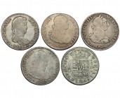 5 monedas de 4 reales: 1738, Madrid; 1784, México; 1797 y 1808, Potosí y 1818, Sevilla. BC-/MBC.