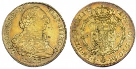 8 escudos. 1803. Santiago. FJ. VI-1429. Hojita. Pátina rojiza. MBC+.
